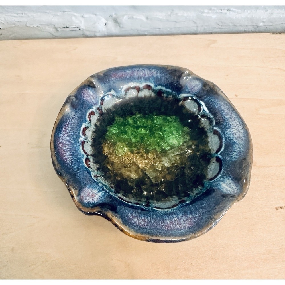 Studio Pottery Melted Glass Trinket‎ Dish Blue Green Scalloped Catchall USA Made
